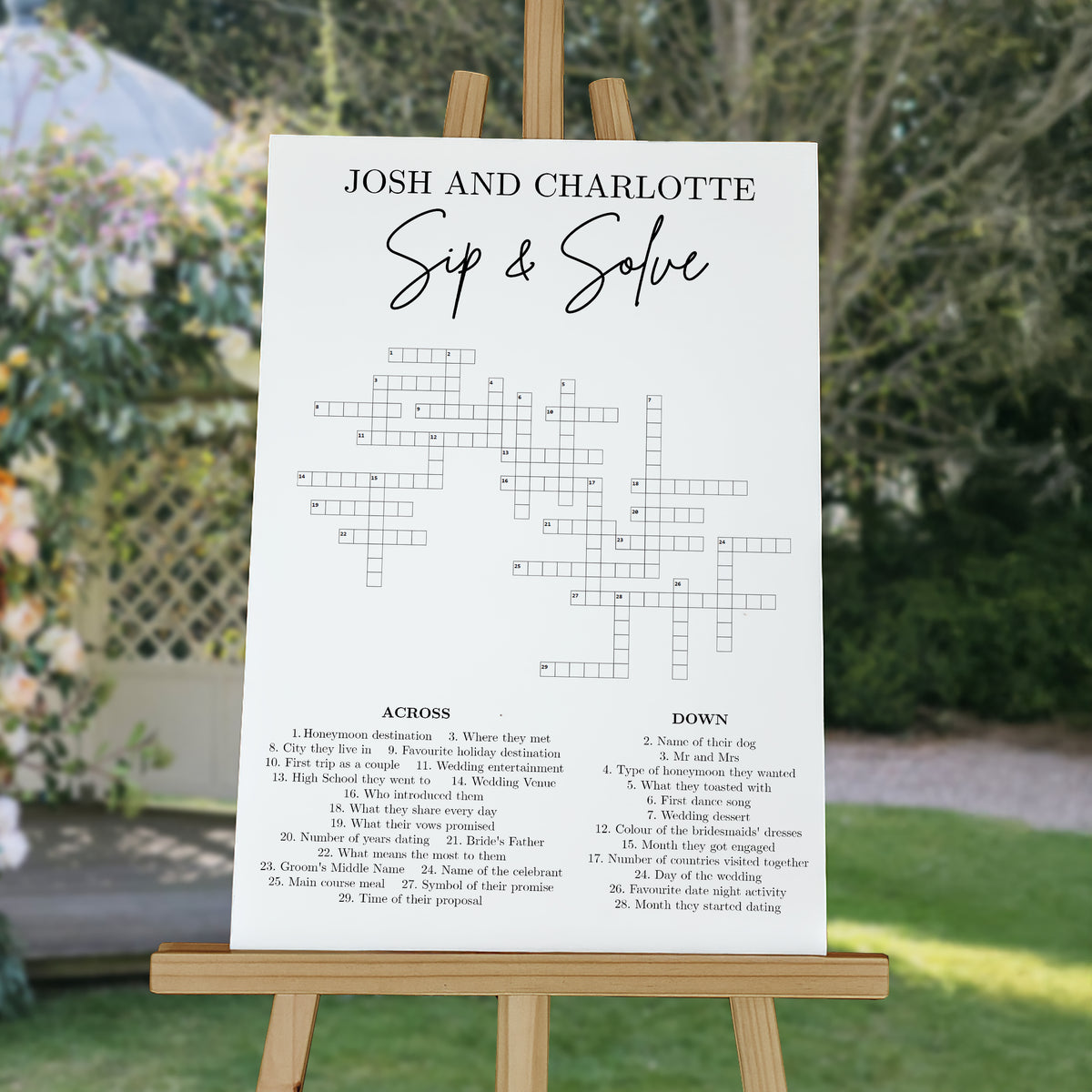 Personalised wedding crossword displayed on an easel