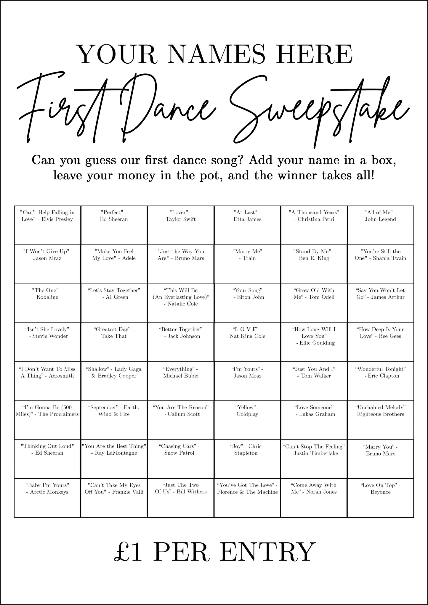 Personalised Wedding First Dance Sweepstake Dry Erase Board