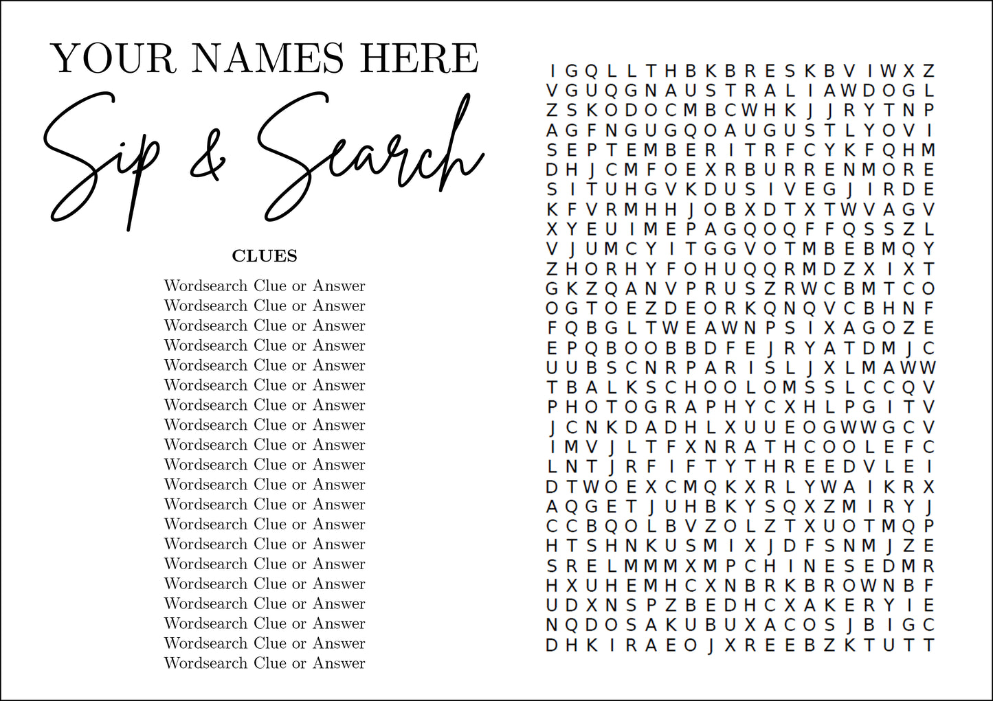 Personalised Minimalist Wedding Wordsearch Dry Erase Board