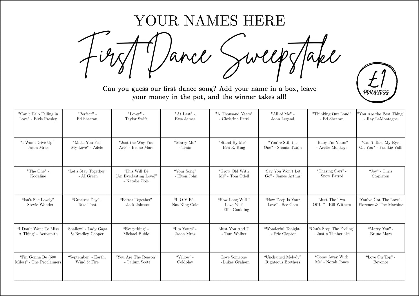 Personalised Wedding First Dance Sweepstake Dry Erase Board