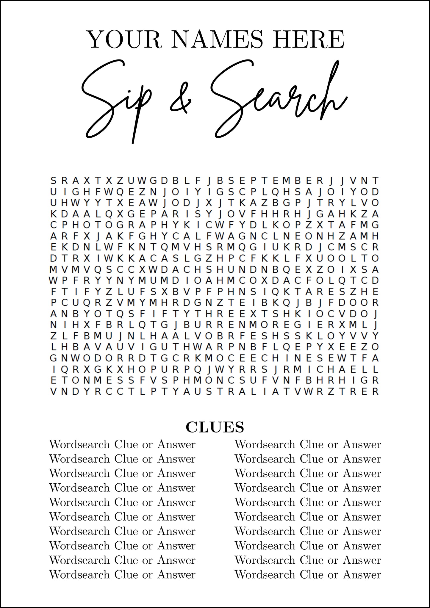 Personalised Minimalist Wedding Wordsearch Dry Erase Board